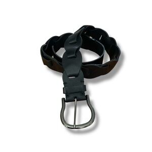 Black Linked Leather Polished Pewter Buckle Belt